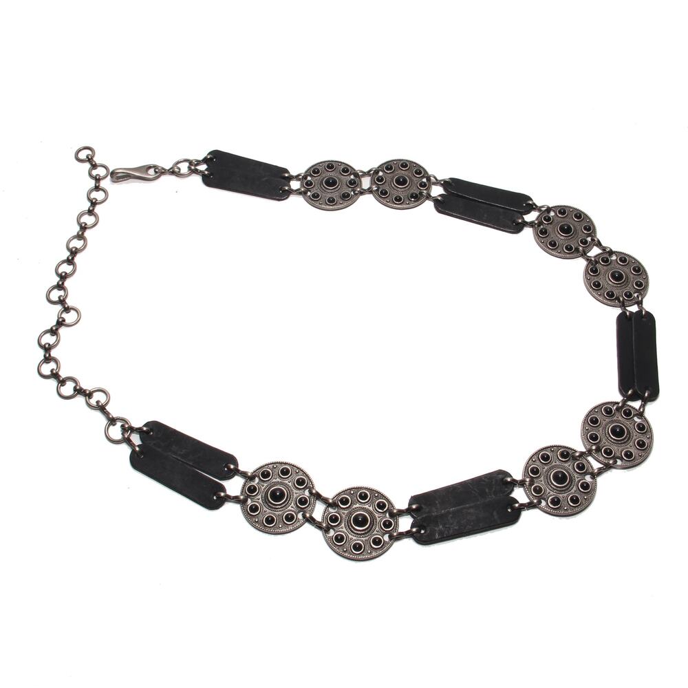 Vintage Boho Black Leather & Gunmetal Tone Medallion Chain Belt Y2K Western